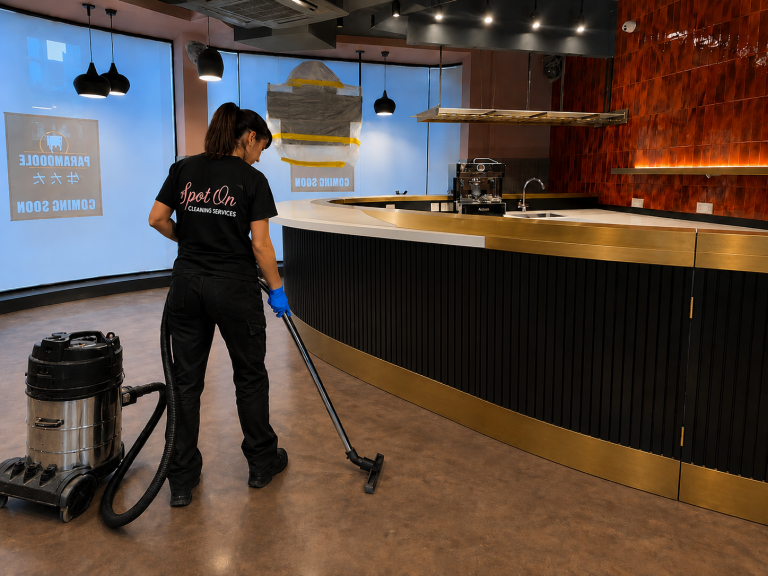 Spot On Cleaning staff member carrying out commercial after builders cleaning inside a modern restaurant renovation project
