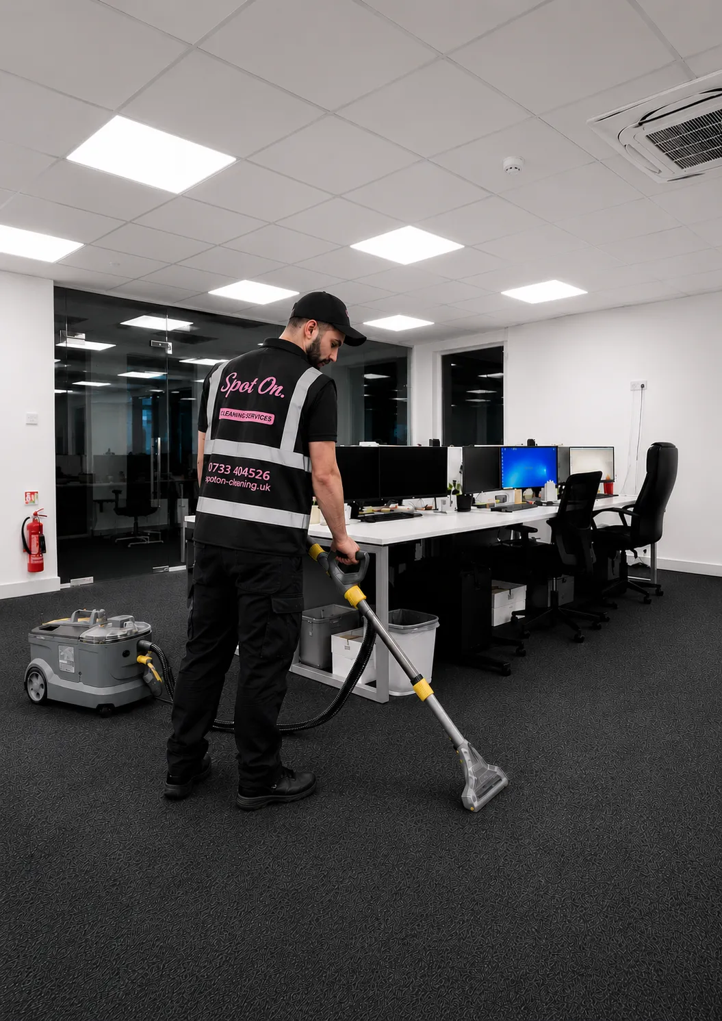 Spot On Cleaning staff member carrying out commercial carpet cleaning in a modern office.